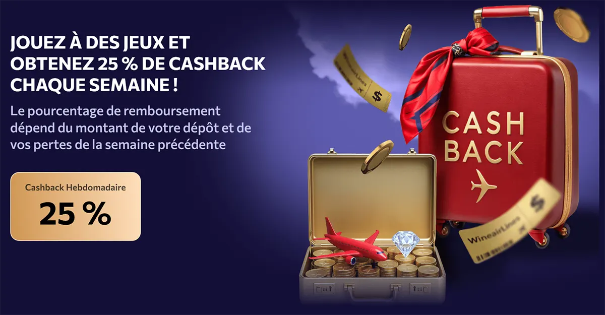 Casino cashback promotion banner advertising a 25% weekly cashback offer, featuring suitcases filled with coins, a small airplane, floating tickets, and a luxury travel-themed design.