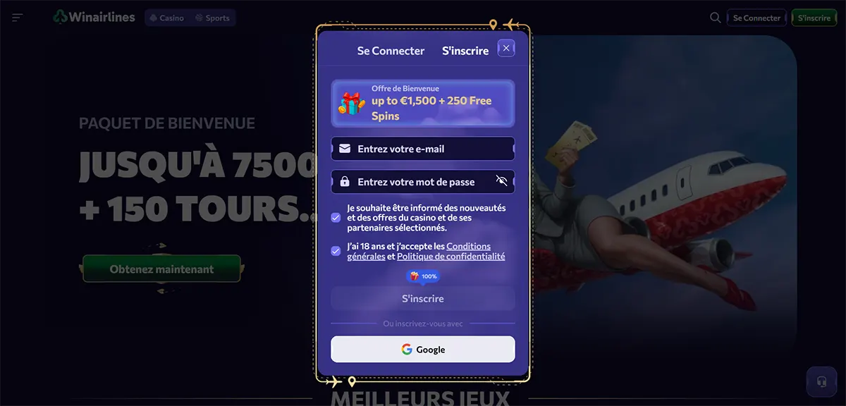 Online casino registration popup showing a welcome bonus offer, email and password fields, consent checkboxes, and a “Sign up” button, displayed on a dark-themed interface with an airplane graphic in the background.